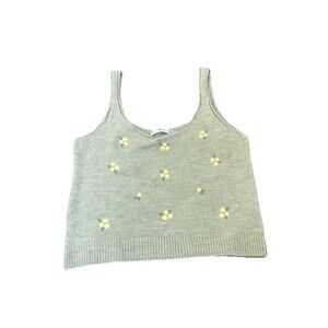 MNG Cropped Green Knit Embroidered Flower Sleeveless Top Tank Medium